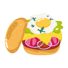 Sticker - fast food burger with egg cheese tomatoes isolated icon white background