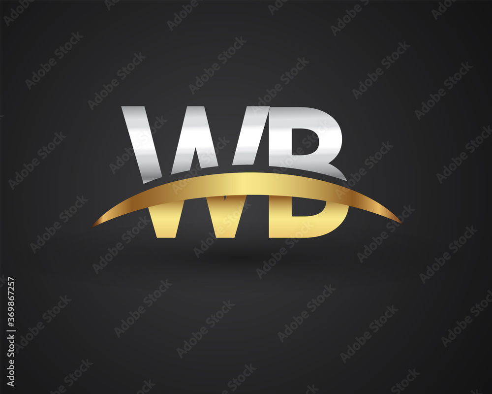 WB initial logo company name colored gold and silver swoosh design ...