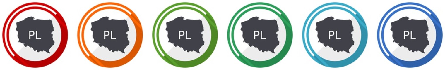 Leinwandbilder - Map of Poland icon set, flat design vector illustration in 6 colors options for webdesign and mobile applications