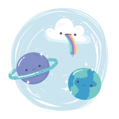 Wall Mural - cloud rainbow tongue saturn and earth planets cartoon