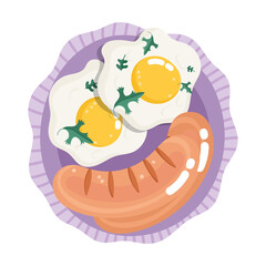 Sticker - food dinner menu fresh cartoon fried eggs and sausages on dish