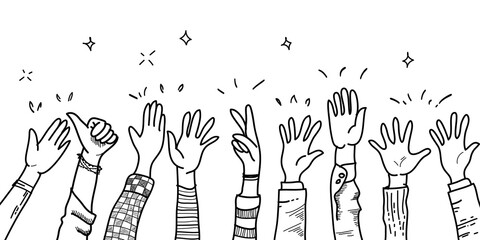 Wall Mural - hand drawn of hands up, clapping ovation. applause, thumbs up gesture on doodle style , vector illustration