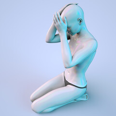 Wall Mural - Girl, mannequin, statue sits nude on her knees clasping her head in her hands. Glossy skin. 3d rendered illustration of a female figure