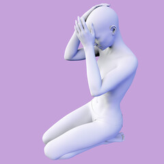 Wall Mural - Girl, mannequin, statue sits nude on her knees clasping her head in her hands. Matte gradient skin and flat background. 3d rendered illustration of a female figure