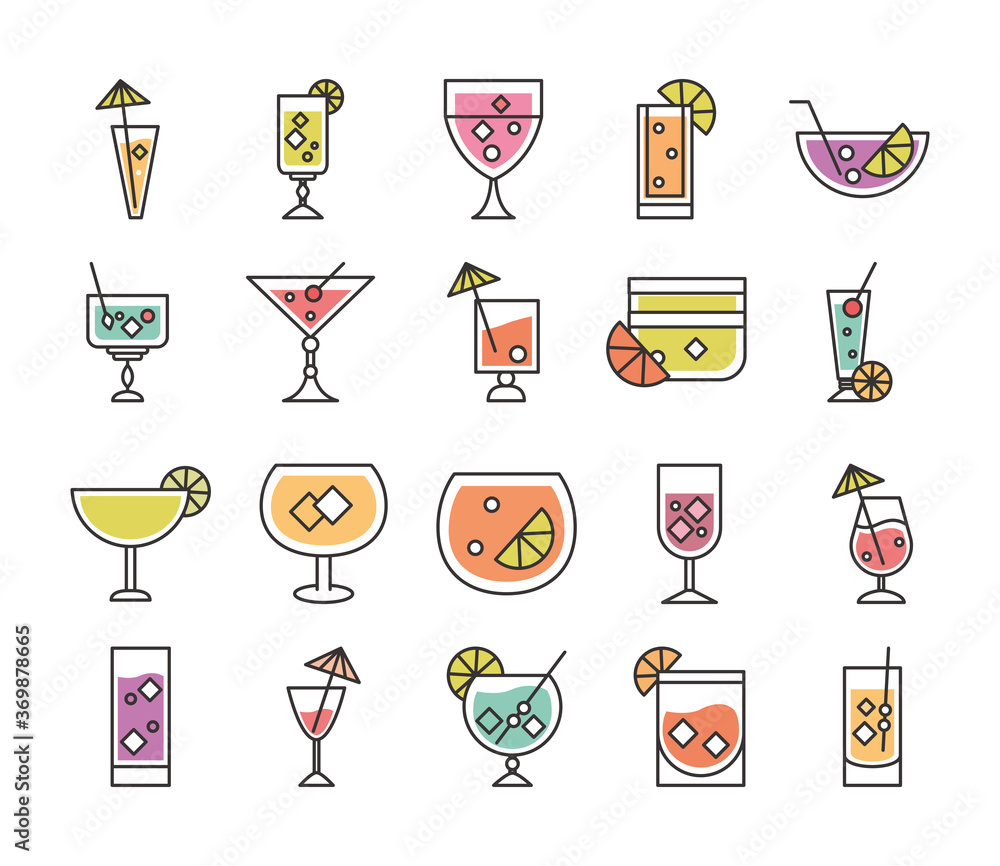 cocktail icon liquor refreshing alcohol glass cups iced drinks icons set - obrazy, fototapety, plakaty 