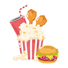 Wall Mural - fast food menu restaurant unhealthy popcorn chicken hamburger and soda