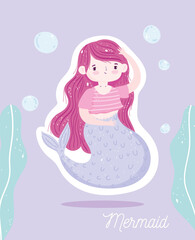 Sticker - cartoon beautiful little mermaid bubbles seaweed under the sea