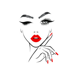 Beautiful woman face with red lips and lush eyelashes with one eye open and one closed, hand with red manicured nails. Spa salon Beauty Logo. Vector illustration