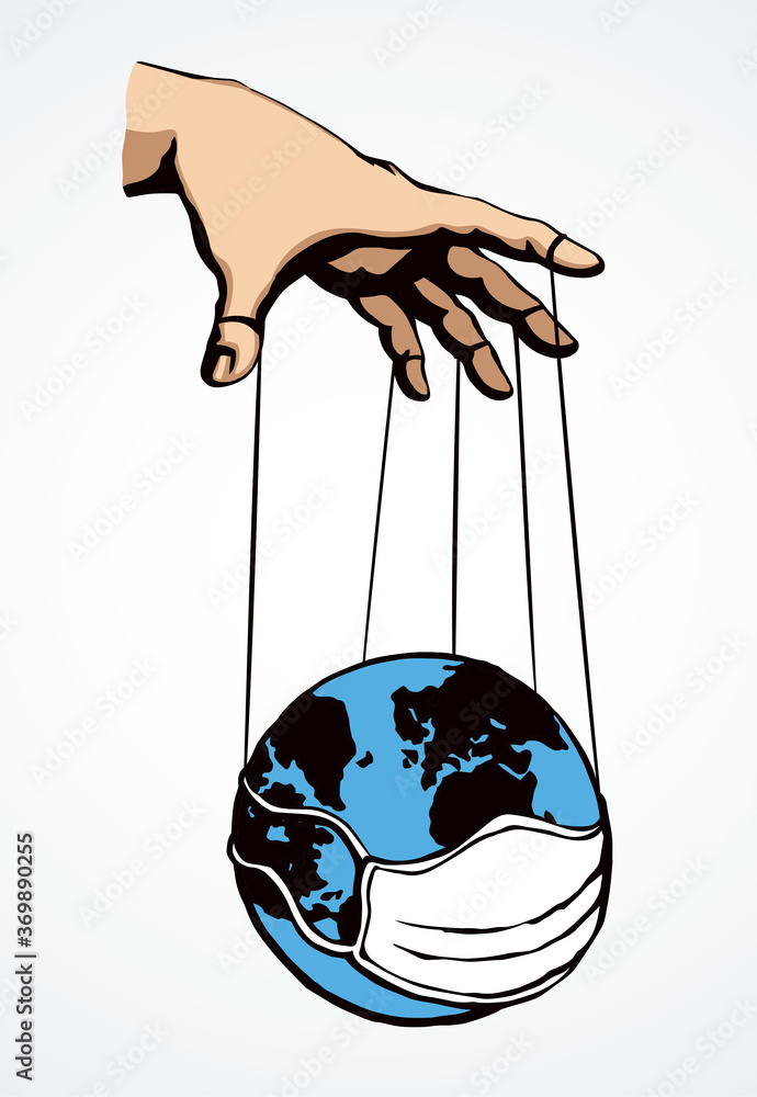 Man hand with a World map. Vector drawing concept - obrazy, fototapety, plakaty 