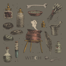 Large Set Of Mystical Items For Witchcraft Vector Illustration. Elements Of A Witch Or Wizard Set: Cauldron, Banks And Vials Of Potion, Bones, Feather, Herbs, Magic Stones. Wicca And Pagan Traditions.