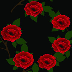 Wall Mural - Beautiful seamless pattern with red roses on black background.