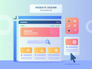 Wall Mural - website design illustration set wireframe on display monitor computer background of drawn tool direc