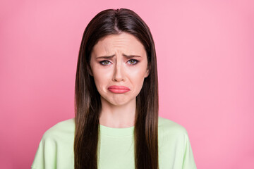 Sticker - Closeup photo of depressed lady straight long hairdo moody disappointed crying desperate offended boyfriend wear casual green sweatshirt pullover isolated pink pastel color background