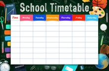 School Timetable With Stationery, Tools And Bookmarked Planner Vector Template. Student Education Weekly Schedule, Timetable With Textbook, Painting Palette, Lab Flask And Chalk Sketches On Blackboard