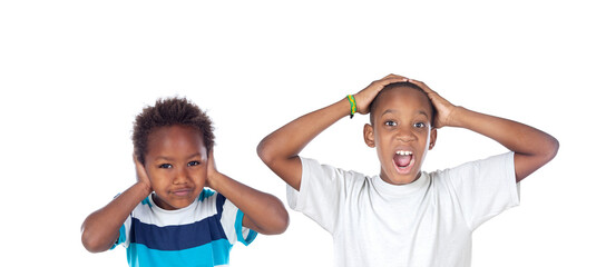 Wall Mural - Children covering the ears and shocked by a loud sound