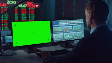 Poster - Professional Financial Data Analysts Working on a Computer with Green Screen in Modern Monitoring Office with Live Analytics Feed on a Big Digital Screen. Monitoring Room with Finance Specialists. 