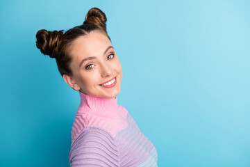 Canvas Print - Closeup profile photo of attractive teen lady two funny buns good mood toothy white smile charming cute girlish shy adorable person wear casual warm sweater isolated blue color background