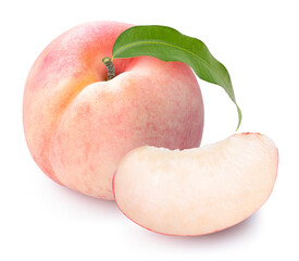 Wall Mural - peach fruit with leaf isolated on white background, fresh white peach on white background
