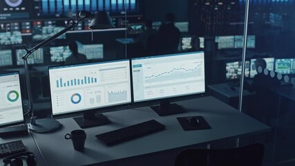 Aufkleber - Two Digital Computer Screens with Financial Analytical Data in Modern Monitoring Office. Control Room with Finance Specialists Sit in Front of Computers. 