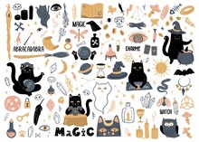 Vector Collection With Witchcraft And Occultism Symbols.  Magic Set Of Illustrations With Black Cats, Candles, Ghost, Tarot. Funny Doodle