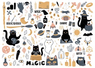 Vector collection with witchcraft and occultism symbols.  Magic set of illustrations with black cats, candles, ghost, tarot. Funny doodle