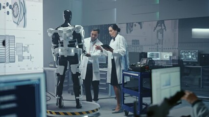 Poster - In Robotics Development Laboratory: Chief Female Engineer and Top Male Scientist Work on a Bionics Exoskeleton Prototype. Designing Powered Exosuit to Help Disabled People, Hard Labor Workers