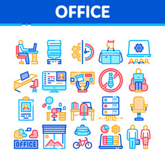 Poster - Office And Workplace Collection Icons Set Vector. Office Table And Chair, Badge And Business Case, Water Cooler And Computer Screen Concept Linear Pictograms. Color Contour Illustrations