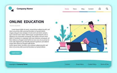 Website design for remote education. Distance learning concept. Web page template, vector icon design.