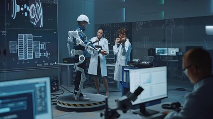 Poster - In Robotics Development Laboratory: Engineers and Scientists Work on a Bionics Exoskeleton Prototype with Person Testing it. Designing Wearable Exosuit to Help Disabled People, Warehouse Workers
