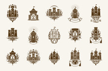 Castles Logos Big Vector Set, Vintage Heraldic Fortresses Emblems Collection, Classic Style Heraldry Design Elements, Ancient Forts And Citadels.