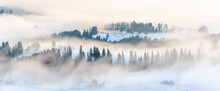 Winter Landscape With Mist On Mountain Hills Panoramic View, Banner