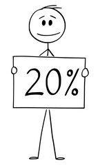 Sticker - Vector cartoon stick figure drawing conceptual illustration of man or businessman holding 20 or twenty percent sign.