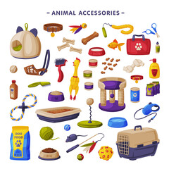 Wall Mural - Pet Animal Accessories Big Set, Cats and Dogs Products, Food, Toys, Veterinary Medicines, Accessories for Care, Cartoon Style Vector Illustration