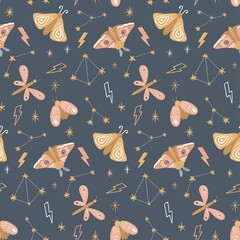 Wall Mural - Seamless pattern with moths, stars, lightning and constellations. Stylish magic illustration for print, fabric, textile, cloth, background