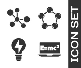 Set Equation solution, Molecule, Light bulb with lightning and Molecule icon. Vector.