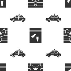 Poster - Set Suspect criminal, Evidence bag and bullet and Police car and flasher on seamless pattern. Vector.