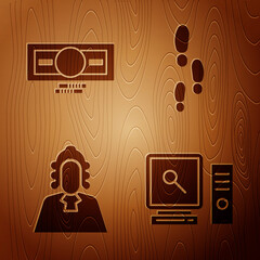 Sticker - Set Search on computer screen, Stacks paper money cash, Judge and Footsteps on wooden background. Vector.