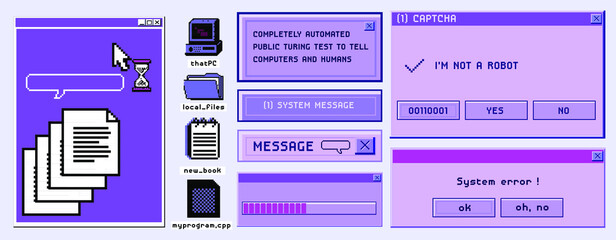 Old user interface windows, retro message box with buttons. Vaporwave and retrowave style elements.