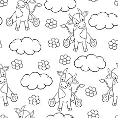 Canvas Print - Seamless pattern with a small bull, flowers and clouds. Coloring page