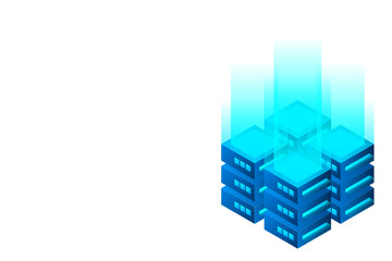 Datacenter isometric vector illustration. Abstract 3d hosting server or data center room background. Network or mainframe infrastructure website header layout. Computer storage or farming workstation.