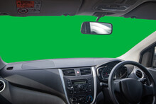 Green Screen Background In Small Car Interior, Car Console And Equipment Inside The Car.