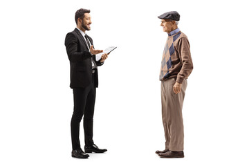 Poster - Businessman holding a clipboard and talking to an elderly man