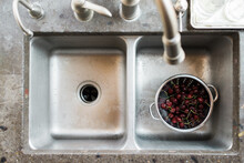 Colander Of Cherries In A Kitchen Sink