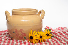 Antique Crock Sitting In Red And White Table Cloth With Black-eyed Susans