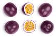 © kolesnikovserg - whole passion fruits half isolated on white background. maracuya with clipping path. Top view. Flat lay