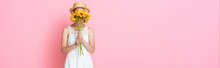 Website Header Of Young Woman In Straw Hat And White Dress Covering Face With Yellow Flowers On Pink