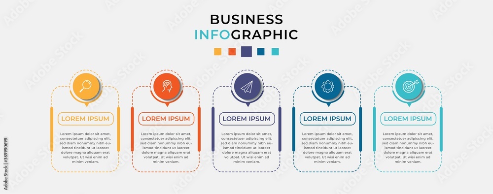 Business Infographic design template Vector with icons and 5 five options or steps. Can be used for process diagram, presentations, workflow layout, banner, flow chart, info graph - obrazy, fototapety, plakaty 