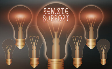 Conceptual hand writing showing Remote Support. Concept meaning type of secure service, which permits representatives to help Realistic colored vintage light bulbs, idea sign solution