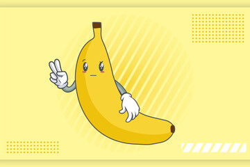 REALLY, ATTENTIVE, Curios Face Emotion. Peace Hand Gesture. Banana Fruit Cartoon Drawing Mascot Illustration.