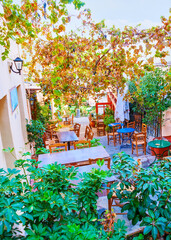 Poster - The outdoot cafe in a shady street in Athens, Greece